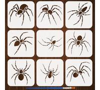 FINGERINSPIRE 9PCS Spider Stencils with 1Pc Plastic Brush 5.9x5.9inch 9 Styles Spiders Pattern Drawing Stencil Halloween Theme Template for Painting on Wall Wood Fabric Furniture DIY Home Decoration
