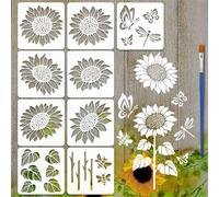 FINGERINSPIRE 9PCS Sunflowers Painting Stencils with Paint Brush 30x30cm Plastic Butterflies Bees Drawing Templates Dragonflies Branches Leaves Stencils Plant Theme Template for Wall Decoration