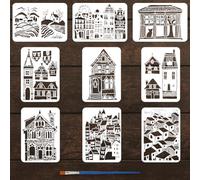 FINGERINSPIRE 9PCS Town and Village Architecture Stencils with 1Pc Brush 8.3x11.7inch/21x29.7cm City Buildings Pattern Stencils City Country Scene Template for DIY Crafts Furniture Wall Decoration