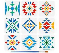 FINGERINSPIRE 9PCS Tribal Barn Quilt Painting Stencil with 1Pc Paint Brush 30x30cm Diamond Triangle Rectangle Geometric Pattern Barn Quilt Stencil for Painting on Patio Floor Tile Wall Home Decor