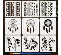 FINGERINSPIRE 9PCS Tribal Patterns Painting Stencils with Paint Brush 15x15cm Dreamcatcher Drawing Templates Geometry Cartoon People Stencils Tribal Theme Template for Floor Furniture Decoration