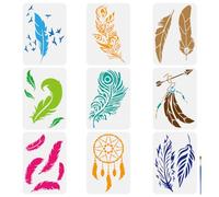 FINGERINSPIRE 9PCS Various Feathers Painting Stencil with 1Pc Art Paint Brush 21x29.7cm Reusable Feather Stencil Dreamcatcher Stencil Fantasy Theme Feathers Stencil for Painting on Wood Wall Furniture