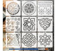FINGERINSPIRE 9Pcs Viking Theme Painting Stencils with a Paintbrush 15x15cm Different Celtic Knots Stencil Viking Symbols Stencil Reusable Compass Stencils for Painting on Wood Wall Card Fabrics