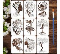 FINGERINSPIRE 9Pcs Woman Tree Painting Stencils with Paintbrush 29.7x21cm 9 Styles Reusable the Tree of Life Stencils Woman Art Stencil Woman Silhouette Stencil for Wood Wall DIY Craft Home Decor