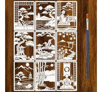 FINGERINSPIRE 9PCS Zen Style Stencils with a Brush 21x29.7CM Zen Landscape Painting Stencil Reusable Plastic Japanese Style Template for Painting on Wood Wall Canvas Furniture Home Decor