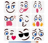 FINGERINSPIRE 9Styles Cartoon Expression Pattern Stencils with a Brush 15x15cm Cartoon Emoticon Painting Stencils Facial Expression Drawing Stencil PET Character Themes Template for Wall Decor