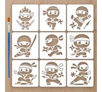 FINGERINSPIRE 9Styles Cartoon Ninja Pattern Stencils with a Brush 15x15cm Ninja Character Painting Stencils PET Character Themes Template for Painting on Wood Floor Tile Wall Fabric Fabric