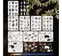 FINGERINSPIRE 9Styles Egyptian Pattern Stencils with a Brush 11.7x8.3 Inch Prehistoric Stone Age Painting Stencil PET Cave Art Stencils Egypt Themes Template for Wood Wall Fabric Furniture Home Decor