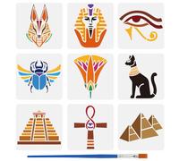 FINGERINSPIRE 9Styles Egyptian Pattern Stencils with a Brush 15x15cm Eye of Horus Painting Stencils Pyramid Stencil Ancient Egyptian Lotus Stencil PET Black Cat Template for Wood Wall Floor