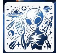 FINGERINSPIRE Alien Stencil with a Brush 30x30cm Large Aliens Universe Planet Painting Stencils Alien Waving Hello Stencils Reusable PET Drawing Templates for Painting on Wall Wood Furniture Surfaces