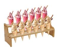 FINGERINSPIRE Bamboo Ice Cream Display Stand 2-Tier Ice Cream Cone Holder with 12 Holes Wheat Color Wood Waffle Cone Display Stand Ice-cream Display Riser Stands for Weddings Birthday Party Buffet