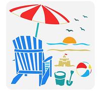 FINGERINSPIRE Beach Chair Stencil 11.8x11.8inch Reusable Beach Volleyball Castle Sand Bucket and Shovel Sunset Seagulls Drawing Template Summer Theme Stencil for Painting on Wall Wood Furniture