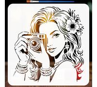 FINGERINSPIRE Camera Woman Stencils with a Brush 11.8x11.8Inch Camera Person Painting Stencils PET Human Themes PET Template for Painting on Wood Floor Tile Wall Fabric Furniture Scrapbook DIY