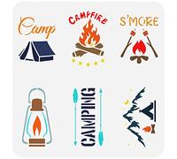 FINGERINSPIRE Camping Mini Tag Stencil 11.8x11.8 inch Plastic PET Campfire Painting Stencil Reusable Tent Lamp Hill Craft Stencil DIY Template for Wood Signs, Wall, Fabric, T-Shirt, Journal
