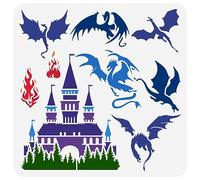 FINGERINSPIRE Dragons Stencil 11.8x11.8 inch Castle Painting Stencil Plastic Western Dragon Fire Castle Patterns Stencil Template Reusable DIY Art and Craft Pterosaur Stencil for Home Wall Decor