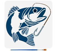 FINGERINSPIRE Fishing Patterns Stencil with 1Pc Plastic Brush 30x30cm Go Fishing Template Fish Pattern Drawing Stencil Human Theme Template for Painting on Wall Wood Furniture DIY Home Decor