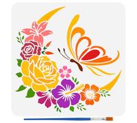 FINGERINSPIRE Flowers Butterfly Stencil for Painting with Brush 30x30cm Reusable Moon Flower Leaf Template Hollowed Rose Lily Stencil Plastic PET Fantasy Theme Template for Wall Decoration