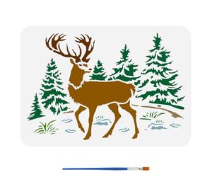 FINGERINSPIRE Forest Deer Painting Stencil with Brush 21x29.7cm Deer Trees Template Plastic PET Grassland Stencil Animal Theme Template Animal Nature Stencil for Home Wall Floor Decoration