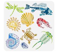 FINGERINSPIRE Fossils Animal Stencil 30x30cm Trilobite Seashells Dragonfly Fish Conch Turtle Shrimp Painting Stencil for Wood Canvas Fabric Decor