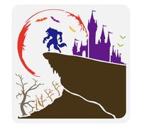 FINGERINSPIRE Full Moon Werewolf Painting Stencil 30x30cm Plastic PET Cliff Castle Template Hollowed Dead Tree Bats Wolf Stencil Decorative Full Moon Template for Wall Halloween Decoration
