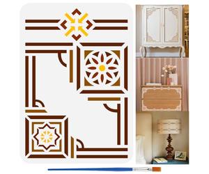 FINGERINSPIRE Geometric Pattern Border Painting Stencils with Brush 21x29.7cm Plastic PET Geometry Flower Pattern Drawing Template Decorative Hollowed Daily Theme Stencil for Painting on Wood