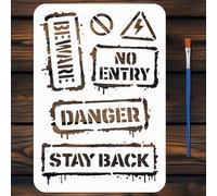 FINGERINSPIRE Graffiti Warning Words Stencils with a Brush 11.7x8.3Inch Warning Sign Painting Stencils Reusable Danger Sign Template PET Logo Themes PET Template - NO Entry,Danger,Stay Back,Beware