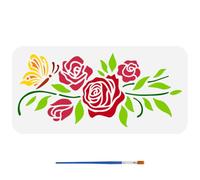 FINGERINSPIRE June Rose Flower Stencil with 1Pc Plastic Paint Brush 30x15cm Reusable Butterfly Rose Stencil Flower Leaf Border Stencil for Painting on Wood Wall Fabric Furniture DIY Home Wall Decor