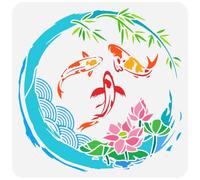 FINGERINSPIRE Koi Fish Stencil for Painting 11.8x11.8 inch Large Lotus Painting Stencil Bamboo Leaves Drawing Template Reusable Tai Chi Stencil Animal Theme Template for Painting on Wood Fabric