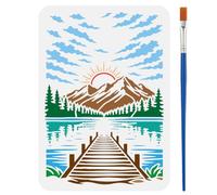 FINGERINSPIRE Lake with a Bridge Stencils with a Brush 29.7x21cm Cloud Layers Painting Stencils PET Mountains Forests Sun Stencil Nature Themes PET Template for Wood Floor Tile Wall Fabric DIY