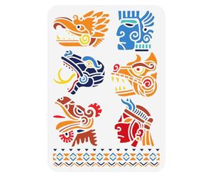 FINGERINSPIRE Mayan Aztec Symbols Stencil 21x29.7cm Plastic Tribal Theme Painting Stencils Wall Mayan Face Spraying Stencils Reusable Human Faces Snakes Tigers Dragons and Birds Drawing Stencils