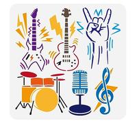 FINGERINSPIRE Music Stencil 11.8x11.8inch Reusable Rock Roll Musical Instruments Painting Template DIY Guitar Bass Drum Microphone Music Note Stencil for Painting on Wood Wall Fabric Furniture