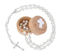 FINGERINSPIRE My First Rosary Beads with Round Wooden Keepsake Box 73CM White Pearl Rosary Beads Necklaces Catholic Gift Set for Women Men Daily Prayer Travel Everyday Wear Baby Shower