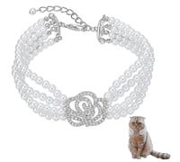 FINGERINSPIRE Pet Pearls Collar Necklace 4 Rows of Pearls Adjustable Dog Cat Collars Bling Jewelry Necklace with Rhinestone Rose Flower Pets Wedding Collar for Small Dogs Cats Puppy Rabbits, White, M