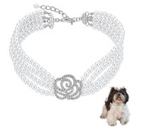 FINGERINSPIRE Pet Pearls Collar Necklace 4 Rows of Pearls Adjustable Dog Cat Collars Bling Jewelry Necklace with Rhinestone Rose Flower Pets Wedding Collar for Small Dogs Cats Puppy Rabbits, White, L
