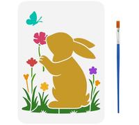 FINGERINSPIRE Rabbit Stencil with Paint Brush 29.7x21cm A4 Size Easter Rabbit Butterfly Flower Stencil Washable Plastic Bunny Drawing Stencils for Easter Holidays Painting on Wood Wall Scrapbook Floor