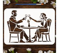 FINGERINSPIRE Restaurant Scene Stencil with Paint Brush 21x29.7cm Couple Dining Scene Stencil People Drinking Pattern Template for Painting on Wood Wall Furniture DIY Home Decoration