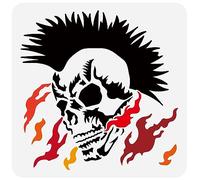 FINGERINSPIRE Rock Punk Painting Stencil 30x30cm Mohawk Skull Head Drawing Template Skull & Bones Stencil Flame Pattern Plastic Stencil DIY Craft Hollow Out Stencil for Painting on Wood Canvas Wall