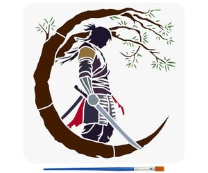 FINGERINSPIRE Samurai of The East Painting Stencils with Brush 30x30cm Plastic PET Katana Tree Pattern Drawing Template Decorative Hollowed Oriental Theme Stencil for Painting on Wood Canvas