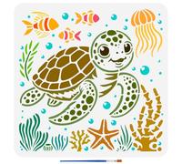FINGERINSPIRE Sea Creatures Stencils with a Paint Brush 30x30cm Submarine World PET Stencils Sea Turtles Decoration Stencils Fish Starfish Sea Stars Jellyfish Coral Bubbles Template for Painting