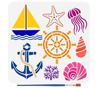 FINGERINSPIRE Sea Motifs Stencils with a Paint Brush 30x30cm Rudders Anchors Boats Stencils Coral Shells PET Stencils Jellyfish Starfish Decoration Stencils Ocean Theme Template for Wall Floor