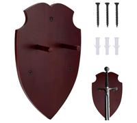 FINGERINSPIRE Shield Shape Wall Mount Wooden Sword Holder 254x160x11.5mm Medieval Tribal Sword Display Plaque with Metal Hooks, Coconut Brown Wooden Swords Rack for Home Decoration Collection