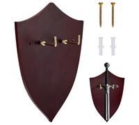 FINGERINSPIRE Shield Shape Wall Mount Wooden Sword Holder 259x165mm Medieval Tribal Sword Display Plaque with Metal Hooks, Coconut Brown Wooden Swords Rack for Home Decoration Collection