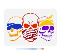 FINGERINSPIRE Skulls Stencil with a Paint Brush 29.7x21cm Three Wise Skulls Stencil Skeleton with Bandanas Painting Stencil Skulls Theme Drawing Template for Wall Tiles Floor Paper Furniture
