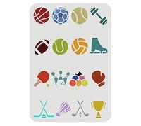 FINGERINSPIRE Sports Theme Stencil Template, 29.7x21cm Various Balls, Dumbbells, Ice Skating, Boxing, Trophies Drawing Reusable Painting Stencils for DIY Art and Craft Sports Meet Game Poster Decor