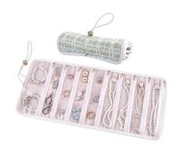 FINGERINSPIRE Travel Jewelry Organizer Roll with Zippered Pockets 23.6x6.5x6.5cm Light Green Tangle-Free Portable Jewelry Storage Bag with Zinc Alloy Slider Beads for Necklaces Earrings Rings Bracelet