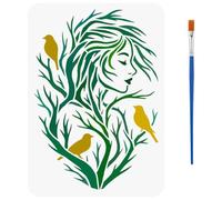 FINGERINSPIRE Tree Figure Pattern Stencils with a Brush 29.7x21cm Bird Painting Stencils Branch Woman Stencil PET Human Themes PET Template for Wood Floor Tile Wall Fabric Furniture Scrapbook DIY