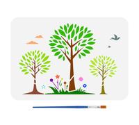 FINGERINSPIRE Trees Flowers Painting Stencil 21x29.7cm Decorative Clouds Birds Template with Brush Hollowed Tree Grass Flower Stencil Tree Branches Leaves Stencil Plant Theme Template for DIY