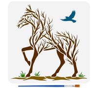 FINGERINSPIRE Trees Horse Bird Animal Painting Stencil with a Brush, 30x30cm Reusable Horse Stencils Bird is Flying Stencil Plastic Painting Stencils Animal Theme Template for DIY Craft & Home Decor