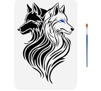 FINGERINSPIRE Two-Headed Wolf Stencil with Paint Brush 21x29.7cm Reusable Black White Wolf Template Two Head Wolf Stencil Wolf Pattern Template Animal Theme Stencil for Painting on Wood Fabric