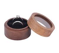 FINGERINSPIRE Walnut Wooden Ring Box (Coffee 5x3.6cm) Round Walnut Ring Organizer with Clear Window Jewelry Ring Box with Two Slots Black Velvet for Proposal, Engagement, Birthday, Wedding, Ceremony